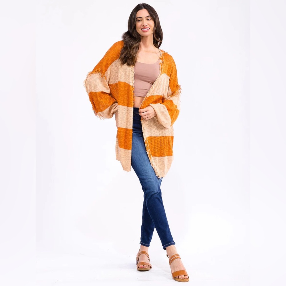 Fantastic Fawn Orange and Beige Oversized Striped Cardigan